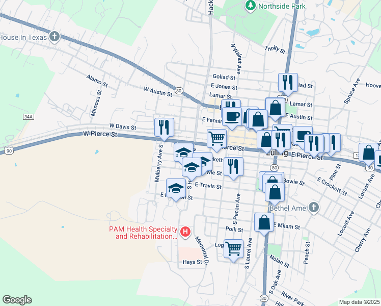 map of restaurants, bars, coffee shops, grocery stores, and more near 112 South Hackberry Avenue in Luling