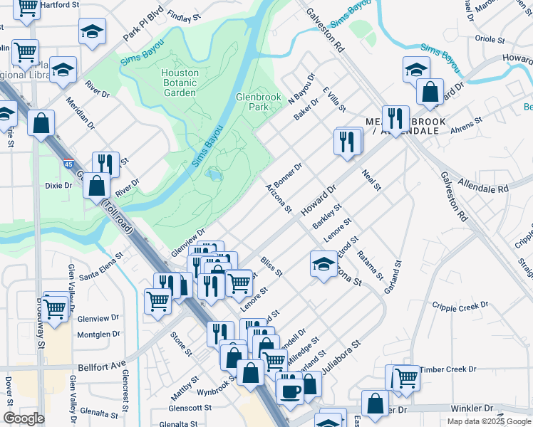 map of restaurants, bars, coffee shops, grocery stores, and more near 8145 Wier Drive in Houston