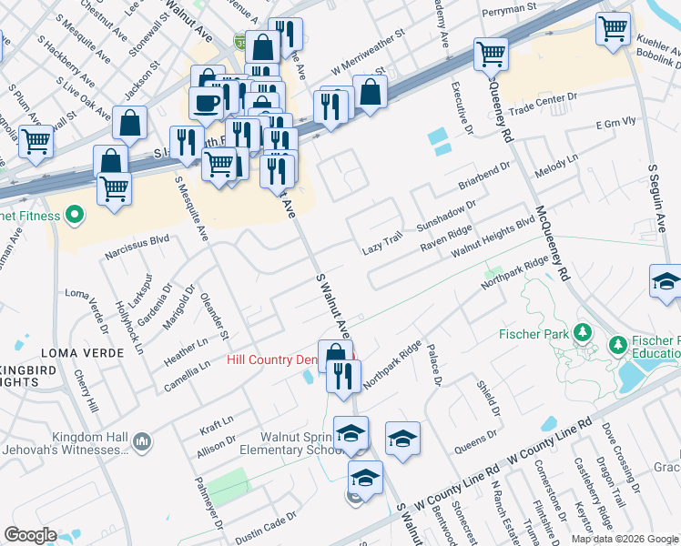 map of restaurants, bars, coffee shops, grocery stores, and more near 1039 Camellia Lane in New Braunfels