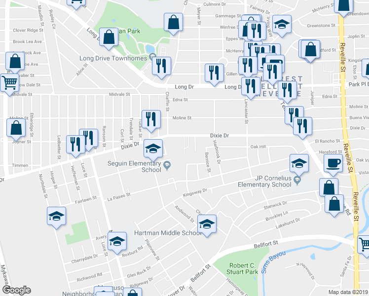 map of restaurants, bars, coffee shops, grocery stores, and more near 7114 Dixie Drive in Houston