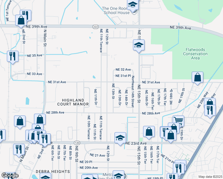 map of restaurants, bars, coffee shops, grocery stores, and more near 3010 Northeast 13th Street in Gainesville
