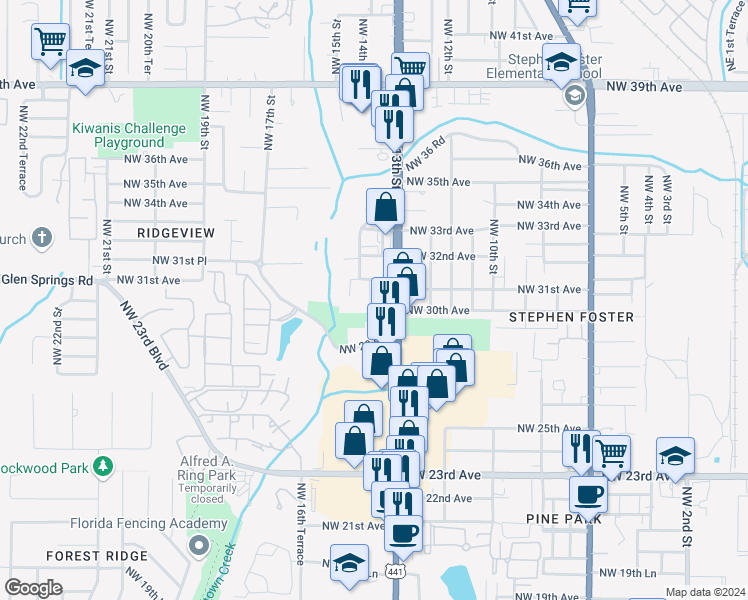 map of restaurants, bars, coffee shops, grocery stores, and more near 3008 Northwest 13th Street in Gainesville