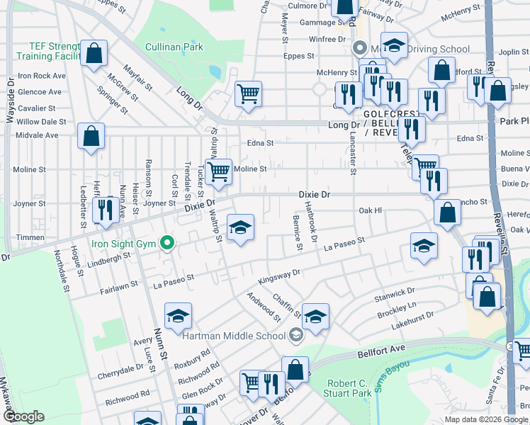 map of restaurants, bars, coffee shops, grocery stores, and more near 7114 Dixie Drive in Houston