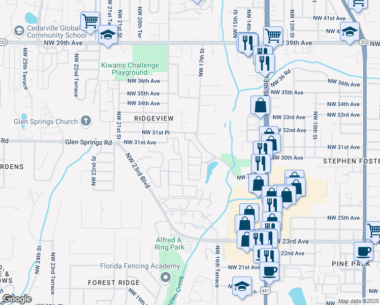 map of restaurants, bars, coffee shops, grocery stores, and more near 1579 Northwest 29 Road in Gainesville