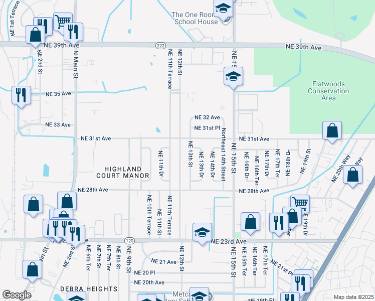 map of restaurants, bars, coffee shops, grocery stores, and more near 3010 Northeast 13th Street in Gainesville