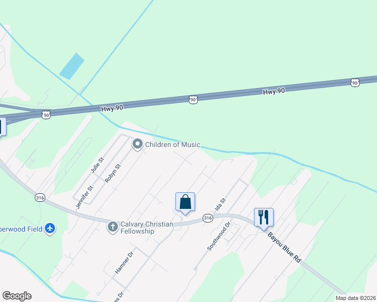 map of restaurants, bars, coffee shops, grocery stores, and more near 314 Buccaneer Road in Houma