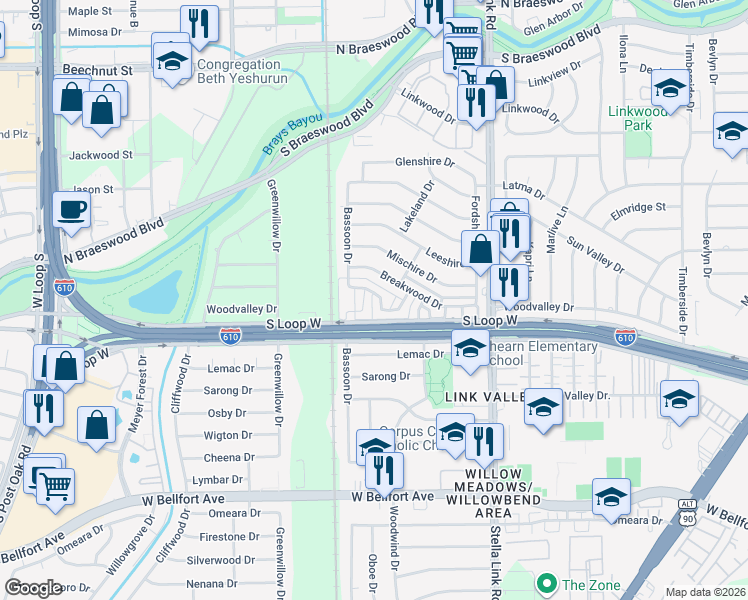 map of restaurants, bars, coffee shops, grocery stores, and more near 4155 Denbury Way in Houston