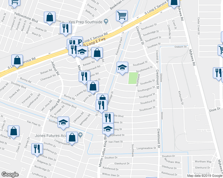 map of restaurants, bars, coffee shops, grocery stores, and more near 6802 Crestridge Street in Houston