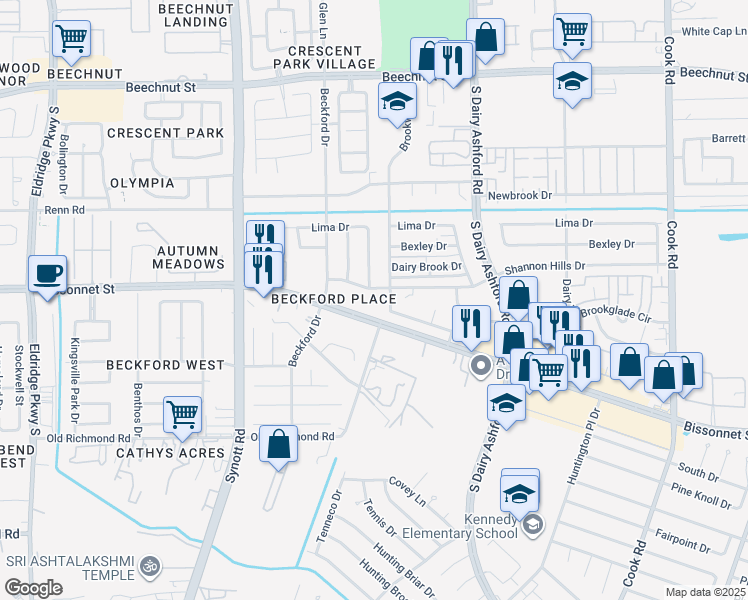 map of restaurants, bars, coffee shops, grocery stores, and more near 12915 Shannon Hills Drive in Houston