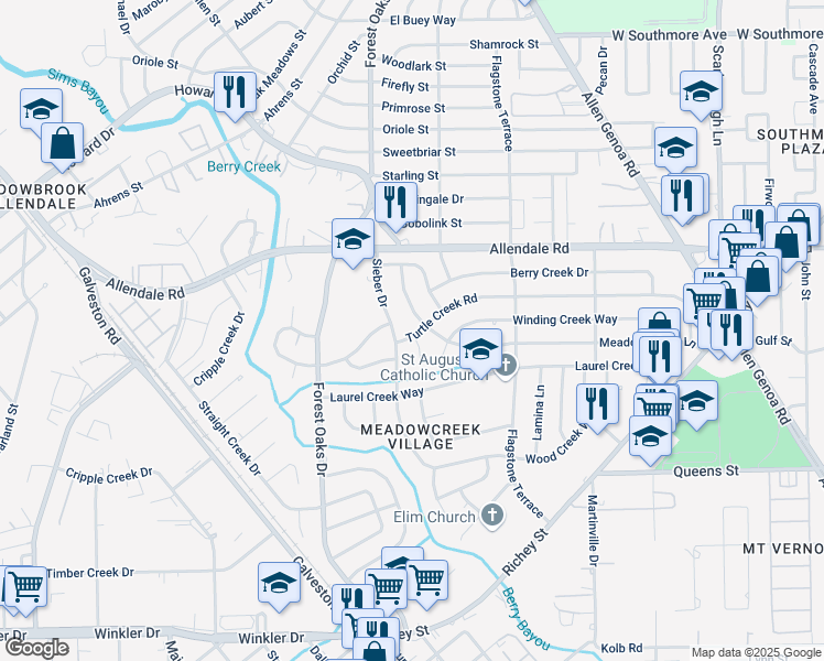 map of restaurants, bars, coffee shops, grocery stores, and more near 5502 Meadow Creek Lane in Houston