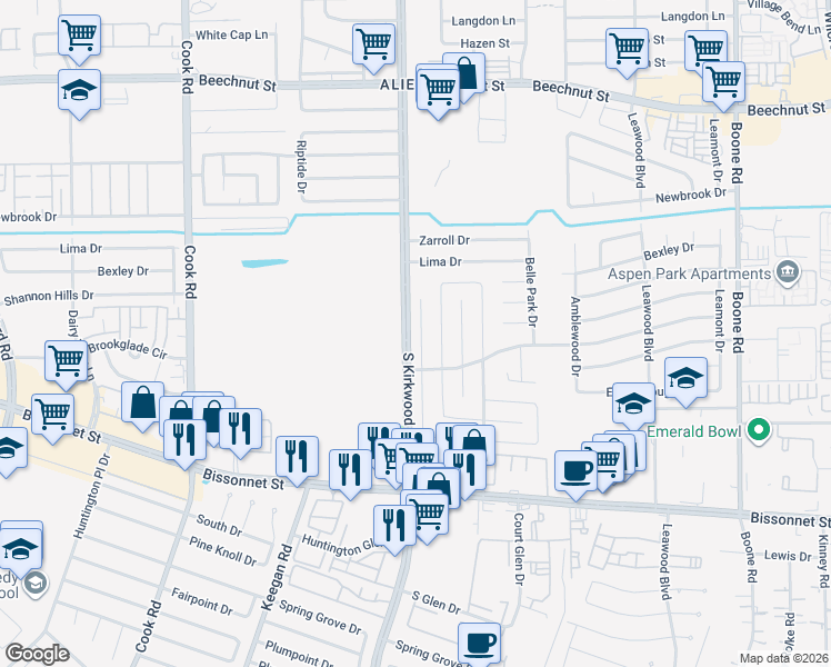map of restaurants, bars, coffee shops, grocery stores, and more near 8910 Belle Glen Drive in Houston