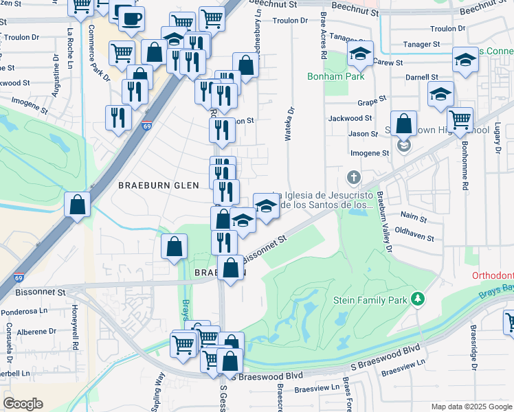 map of restaurants, bars, coffee shops, grocery stores, and more near 8300 Nairn Street in Houston