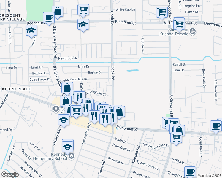 map of restaurants, bars, coffee shops, grocery stores, and more near 12300 Brookglade Circle in Houston