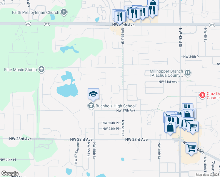 map of restaurants, bars, coffee shops, grocery stores, and more near 3006 Northwest 52nd Drive in Gainesville