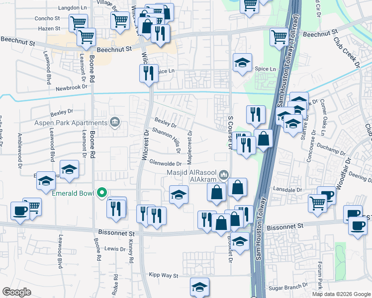 map of restaurants, bars, coffee shops, grocery stores, and more near 8910 Maplecrest Drive in Houston