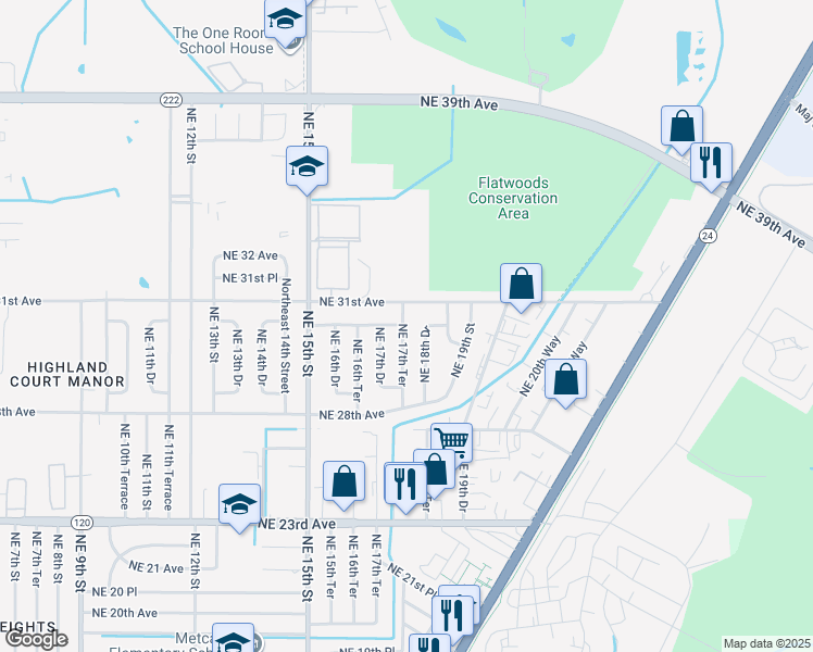 map of restaurants, bars, coffee shops, grocery stores, and more near 2959 Northeast 17th Terrace in Gainesville
