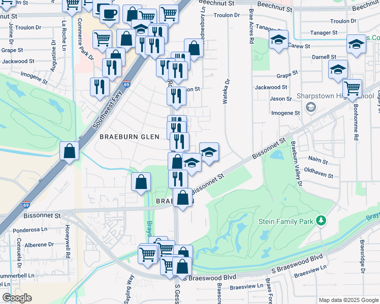 map of restaurants, bars, coffee shops, grocery stores, and more near 8400 Nairn Street in Houston