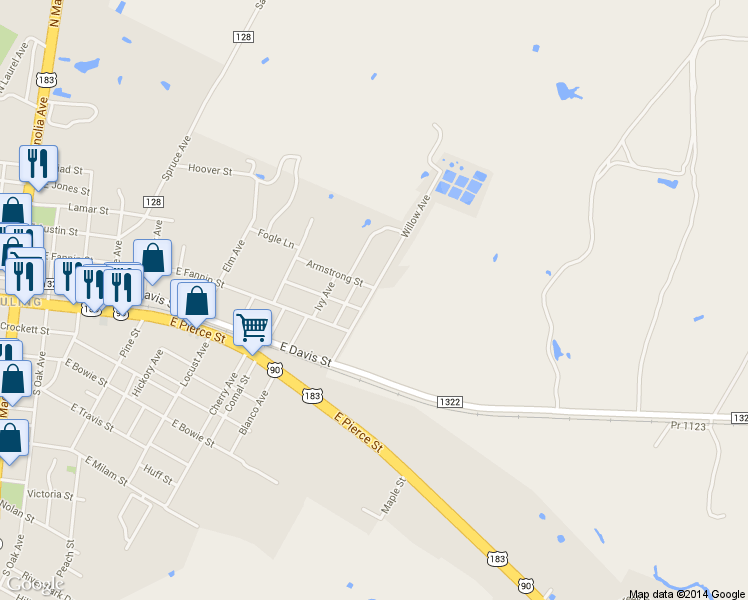 map of restaurants, bars, coffee shops, grocery stores, and more near 1611 Cummings St in Luling