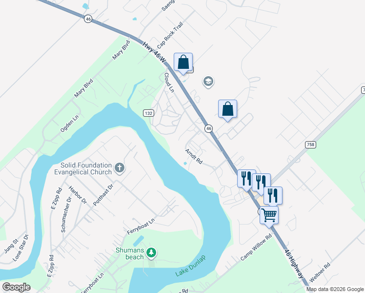 map of restaurants, bars, coffee shops, grocery stores, and more near 1545 Arndt Road in New Braunfels