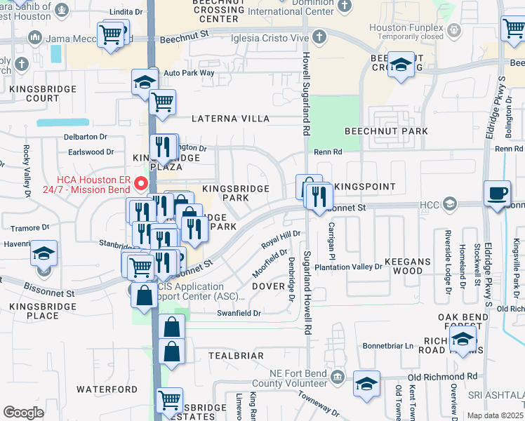 map of restaurants, bars, coffee shops, grocery stores, and more near 14223 Almond Bay Lane in Houston