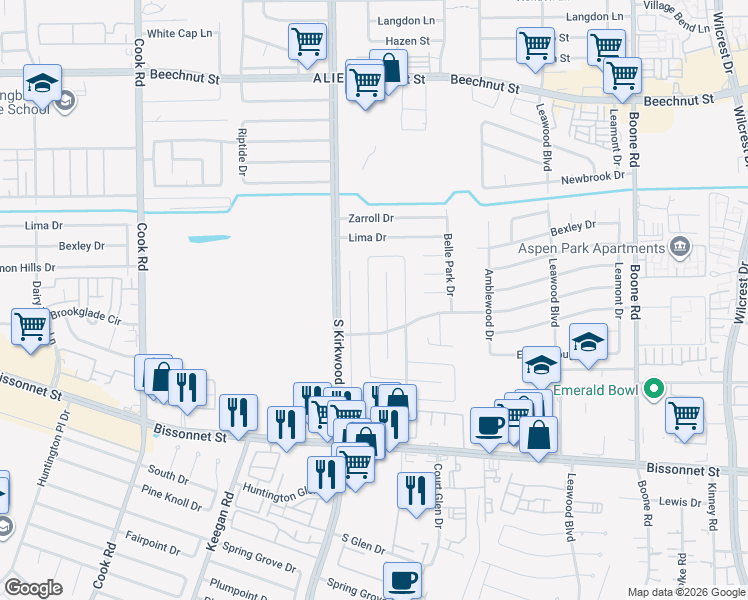 map of restaurants, bars, coffee shops, grocery stores, and more near 8907 Kalewood Drive in Houston