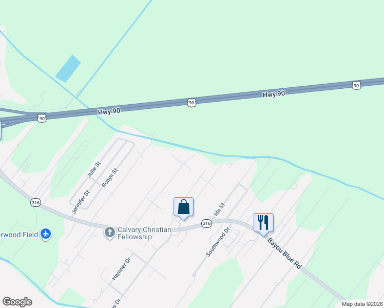 map of restaurants, bars, coffee shops, grocery stores, and more near 314 Buccaneer Road in Houma