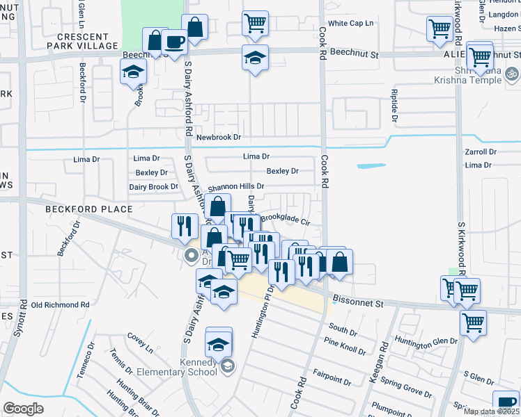 map of restaurants, bars, coffee shops, grocery stores, and more near 12500 Brookglade Circle in Houston