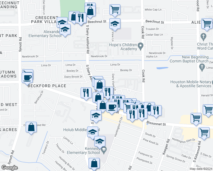 map of restaurants, bars, coffee shops, grocery stores, and more near 12600 Brookglade Circle in Houston