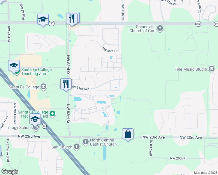 map of restaurants, bars, coffee shops, grocery stores, and more near 2934 Northwest 76th Terrace in Gainesville