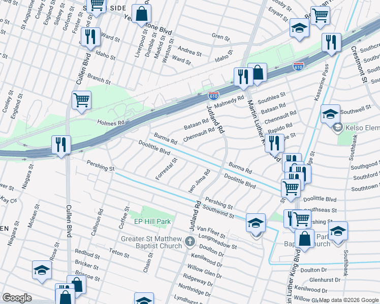 map of restaurants, bars, coffee shops, grocery stores, and more near 4937 Doolittle Boulevard in Houston