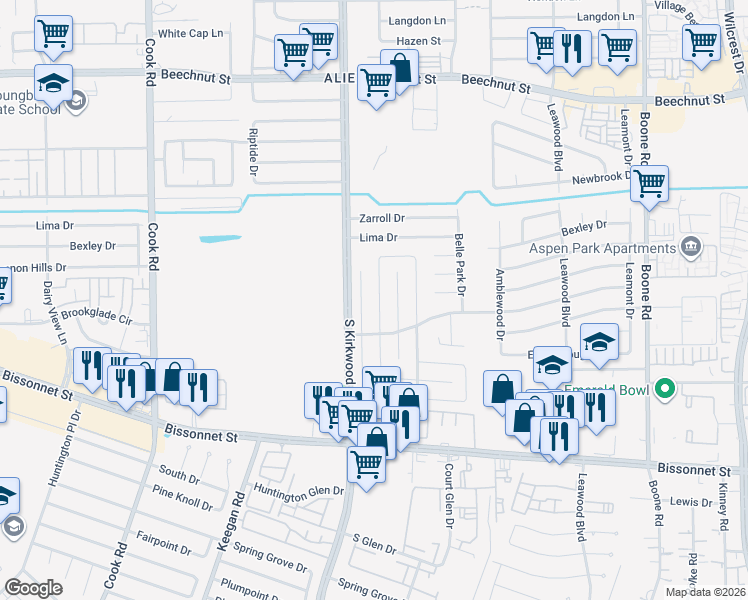 map of restaurants, bars, coffee shops, grocery stores, and more near 8907 Kalewood Drive in Houston