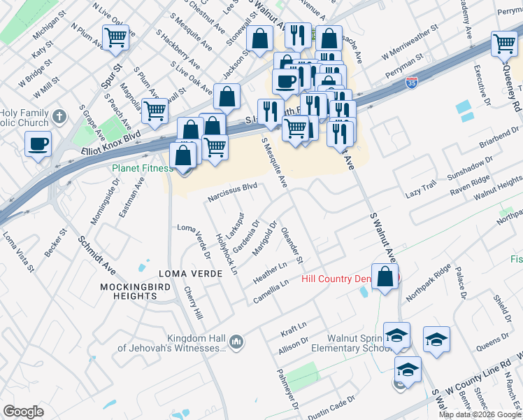 map of restaurants, bars, coffee shops, grocery stores, and more near 1480 Gardenia Drive in New Braunfels