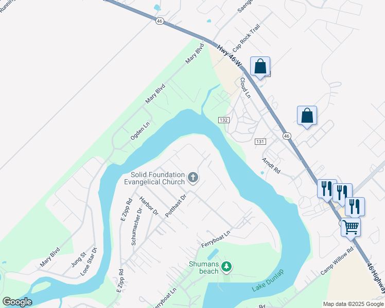 map of restaurants, bars, coffee shops, grocery stores, and more near 1426 East Zipp Road in New Braunfels