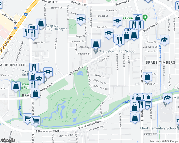 map of restaurants, bars, coffee shops, grocery stores, and more near 9102 Braeburn Valley Drive in Houston