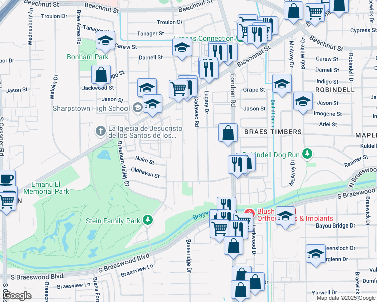 map of restaurants, bars, coffee shops, grocery stores, and more near 9015 Bonhomme Road in Houston