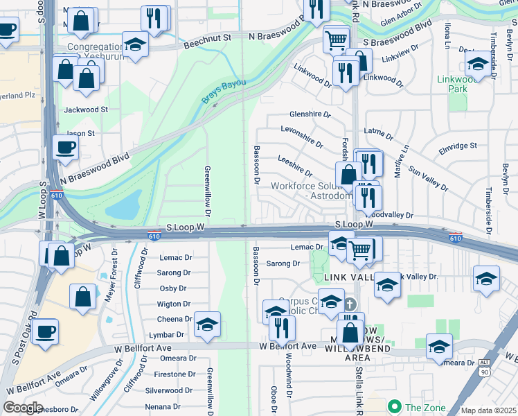 map of restaurants, bars, coffee shops, grocery stores, and more near 9414 Bassoon Drive in Houston