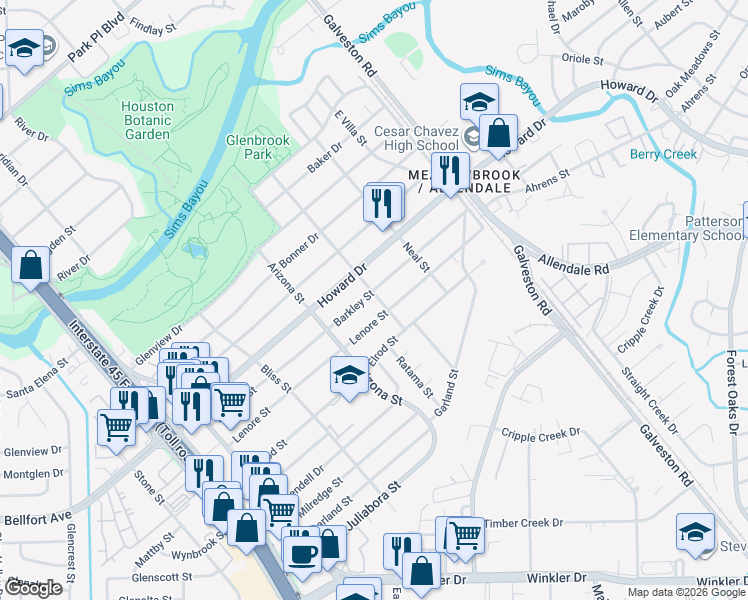 map of restaurants, bars, coffee shops, grocery stores, and more near 8258 Barkley Street in Houston