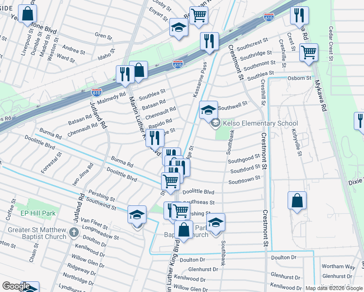 map of restaurants, bars, coffee shops, grocery stores, and more near 6802 Crestridge Street in Houston