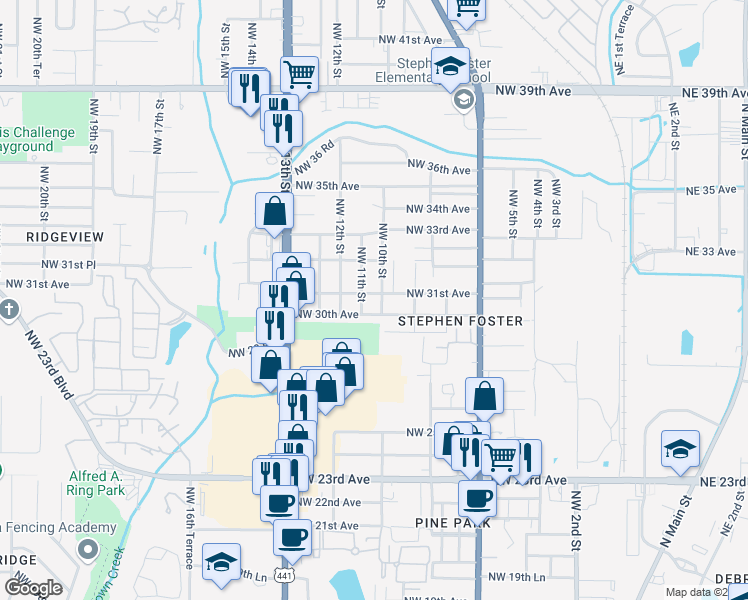 map of restaurants, bars, coffee shops, grocery stores, and more near 937 Northwest 31st Avenue in Gainesville