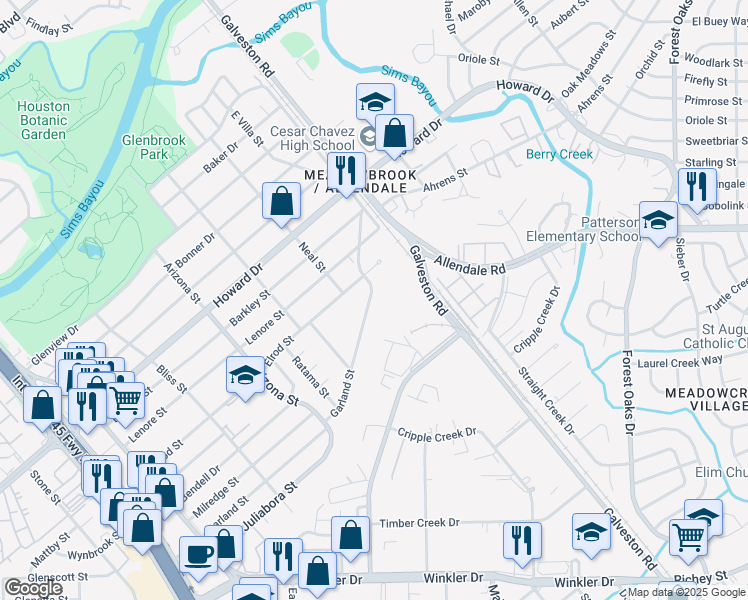 map of restaurants, bars, coffee shops, grocery stores, and more near 8426 Garland Street in Houston