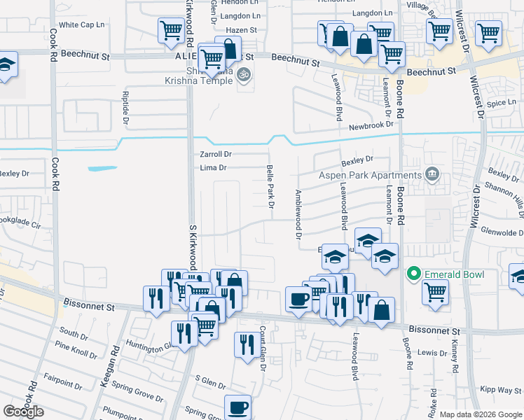 map of restaurants, bars, coffee shops, grocery stores, and more near 11615 Riderwood Drive in Houston