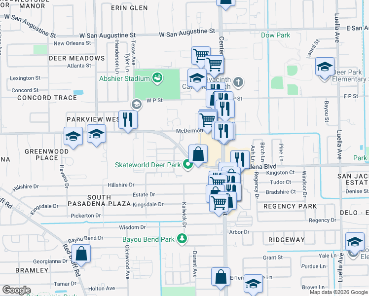 map of restaurants, bars, coffee shops, grocery stores, and more near 504 West Pasadena Boulevard in Deer Park