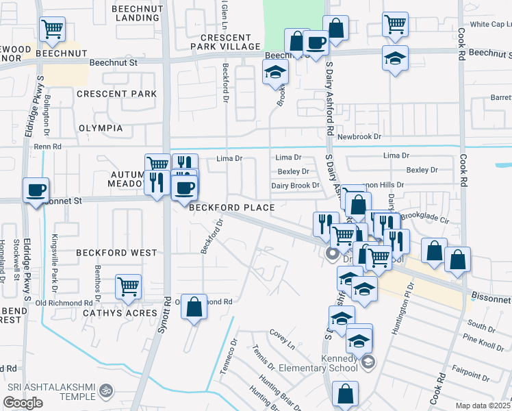 map of restaurants, bars, coffee shops, grocery stores, and more near 12915 Shannon Hills Drive in Houston