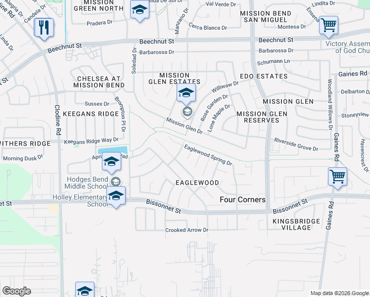 map of restaurants, bars, coffee shops, grocery stores, and more near 16103 Darwood Court in Houston