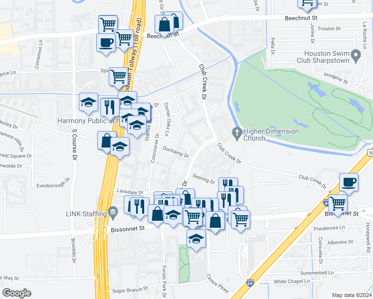 map of restaurants, bars, coffee shops, grocery stores, and more near 9290 Woodfair Drive in Houston