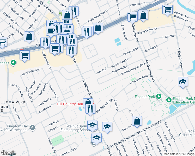map of restaurants, bars, coffee shops, grocery stores, and more near 570 Beaver Creek in New Braunfels