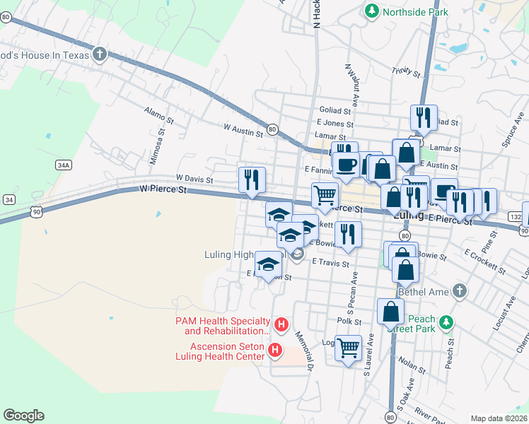 map of restaurants, bars, coffee shops, grocery stores, and more near 120 South Mesquite Street in Luling