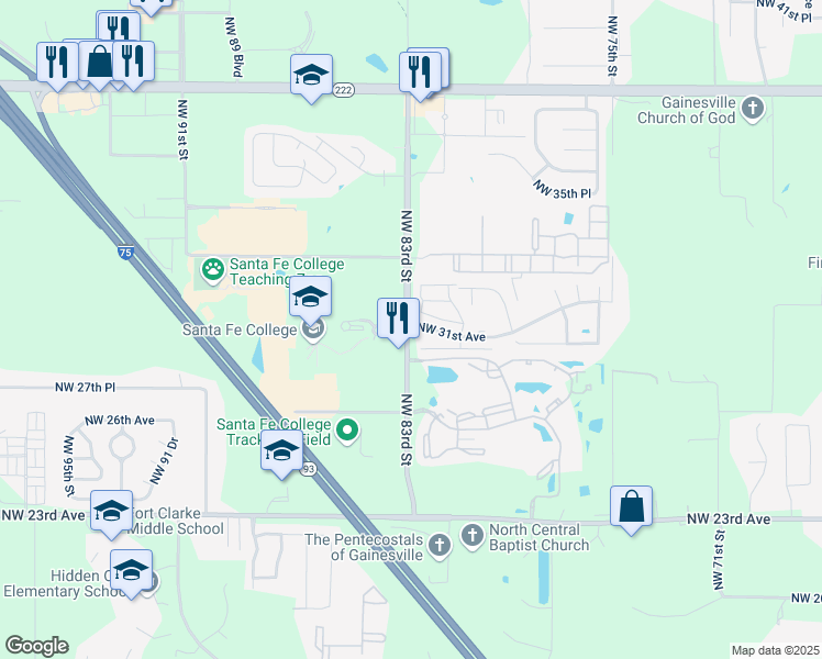 map of restaurants, bars, coffee shops, grocery stores, and more near 3000 Northwest 83 Street in Gainesville