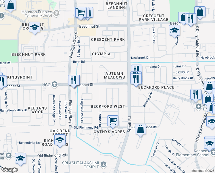 map of restaurants, bars, coffee shops, grocery stores, and more near 13318 Barranca Drive in Houston