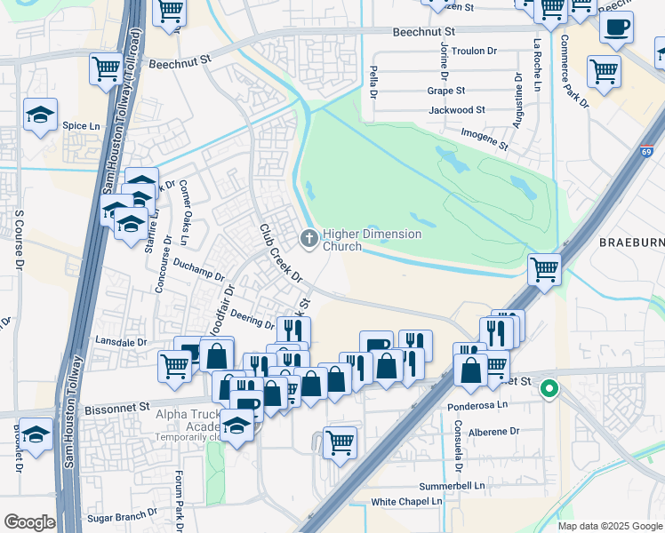 map of restaurants, bars, coffee shops, grocery stores, and more near 9101 Country Creek Street in Houston